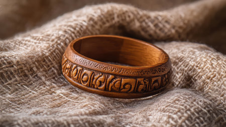 This image showcases a handcrafted wooden bracelet featuring intricate carvings, placed on a natural, rustic fabric backdrop, highlighting its unique design and craftsmanship.の素材