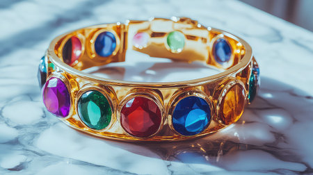This striking gold bracelet adorned with colorful gemstones shines elegantly on a marble surface, capturing natural light and reflecting vibrant hues.の素材