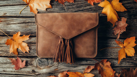 This elegant brown leather clutch features stylish tassels and is beautifully surrounded by vibrant autumn leaves on a rustic wooden backdrop, showcasing seasonal charm.の素材