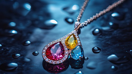 An exquisite pendant featuring vibrant colorful gemstones set against a dark, wet surface, capturing the essence of luxury and elegance. Perfect for showcasing in jewelry collections.の素材