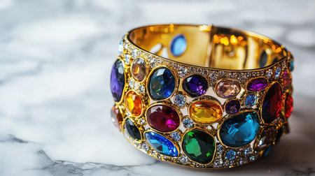 This stunning gold bracelet features an array of colorful gemstones and sparkling details, beautifully displayed on a marble surface. Ideal for fashion and jewelry themes.の素材