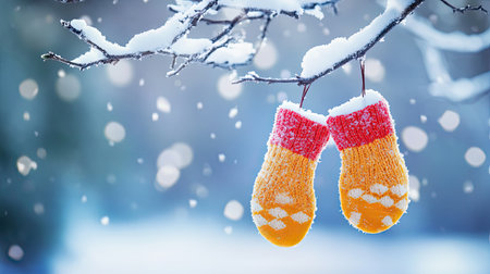 Two colorful knitted mittens hang from a snow-covered branch, creating a cheerful winter scene filled with snowflakes and seasonal joy.の素材