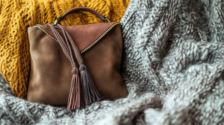 This elegant leather handbag features stylish tassels, resting on a cozy knit blanket. Perfectly embodies modern fashion and warmth for any season.の素材