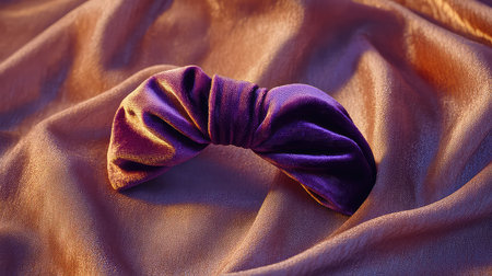 A stunning purple hair accessory rests atop lush satin fabric, creating a vibrant and elegant scene ideal for fashion and beauty photography.の素材