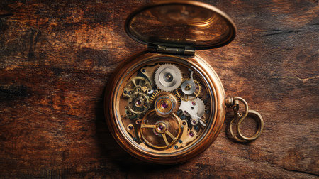 Explore the intricate details of a vintage pocket watch mechanism, showcasing finely crafted gears and a beautiful antique finish on wooden background.の素材