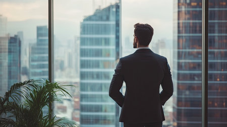 A businessman stands near a large window, gazing out at a stunning modern city skyline filled with skyscrapers. The scene inspires ambition and introspection.の素材
