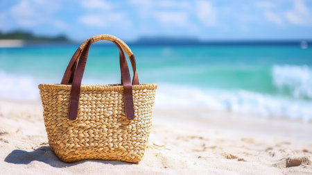 A charming straw basket rests on soft sandy beach, surrounded by turquoise water and clear blue sky, evoking feelings of summer vacation and travel bliss.の素材