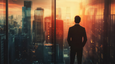 A businessman stands in a high-rise office, gazing at a stunning sunset over the city skyline. The silhouette reflects ambition and inspiration.の素材