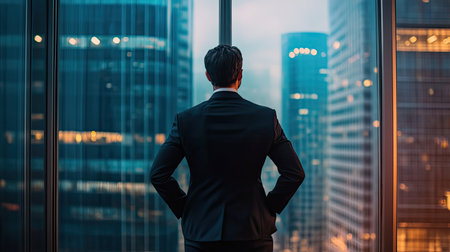A professional man in a polished suit stands in an office, gazing out at a modern city skyline during dusk, reflecting on his journey and future prospects.の素材