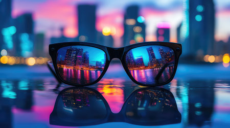 A stunning close-up of sunglasses reflecting a vibrant city skyline at sunset. The colorful lights and bokeh create an artistic urban ambiance, showcasing the blend of nature and modern living.の素材