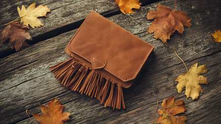 This charming brown leather wallet features a trendy fringe detail, elegantly resting on a rustic wooden surface adorned with autumn leaves.の素材
