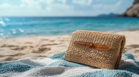 A beautifully woven clutch bag rests on a striped towel on the beach, surrounded by tranquil water and soft sand, perfect for summer outings.の素材