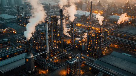 Captivating aerial view of an industrial complex at dusk, showcasing smokestacks emitting smoke against a backdrop of illuminated machinery and infrastructure.の素材
