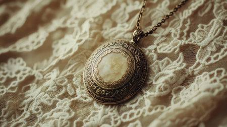 This image features a vintage gold locket pendant resting on soft lace fabric, illuminated with gentle natural light. The intricate details of the locket speak to timeless elegance and charm, making it perfect for various artistic projects and themes.の素材