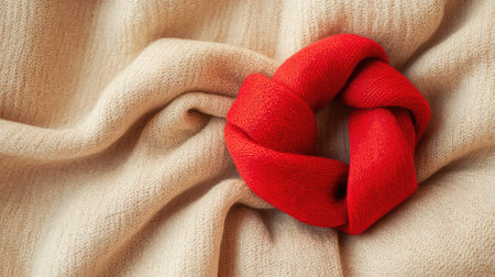 A vibrant red knotted scarf rests elegantly on a soft beige fabric, showcasing a beautiful contrast that highlights its texture and warmth. Ideal for winter fashion inspiration.の素材