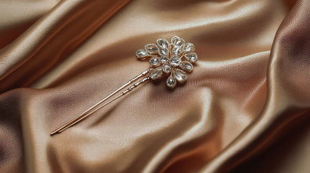 This exquisite hairpin features shimmering pearls and intricate detailing, beautifully set against a backdrop of luxurious satin fabric, perfect for weddings or special events.の素材