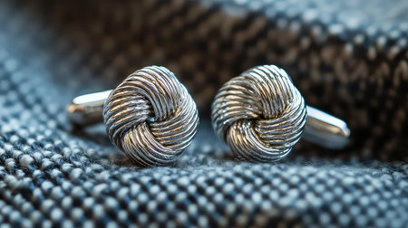 This image features exquisite silver knot cufflinks showcased on a textured fabric background, emphasizing elegance and sophistication. Ideal for formal attire.の素材