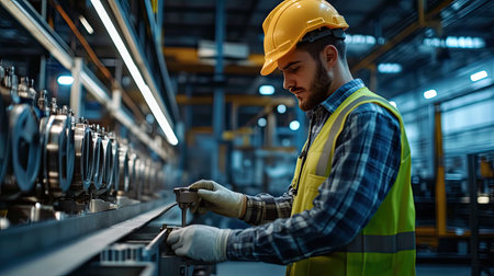 A dedicated male worker in a yellow hard hat and gloves measures equipment on the factory floor, showcasing precision and focus in an industrial environment.の素材