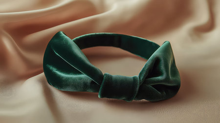 This elegant green velvet headband features a charming bow. Perfect for styling outfits, this accessory complements various looks in fashion photography.の素材