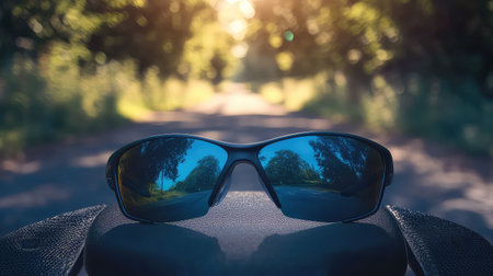 A pair of stylish sunglasses rests on a surface, revealing a stunning reflection of greenery and sunlight. Ideal for summer adventures and outdoor leisure.の素材