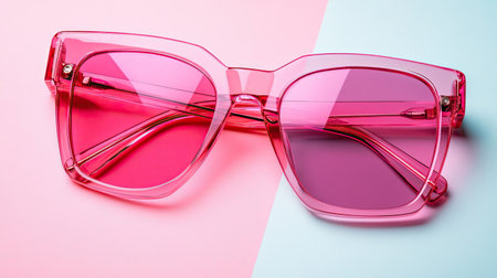 A pair of stylish pink sunglasses featuring a unique frameless design rests on a soft pastel backdrop, exuding vibrant fashion and playful elegance.の素材