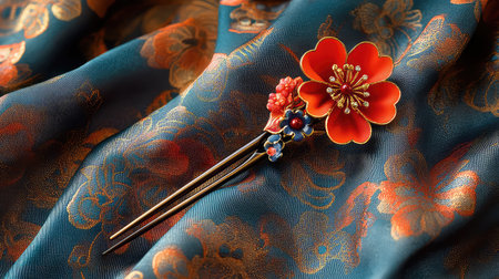 This stunning hairpin features a vibrant red flower design set against a backdrop of rich blue fabric adorned with intricate floral patterns.の素材