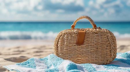 A beautifully crafted woven beach bag sits elegantly on a vibrant towel beside the tranquil ocean, evoking a perfect summer getaway atmosphere.の素材