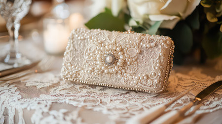 An elegant lace clutch bag adorned with pearls rests on a beautifully designed lace tablecloth, surrounded by soft lighting and floral accents, perfect for weddings.の素材