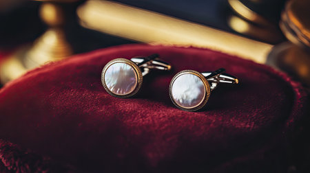 Stunning cufflinks featuring iridescent mother-of-pearl, beautifully detailed on a plush velvet display. Ideal for enhancing sophisticated menswear.の素材