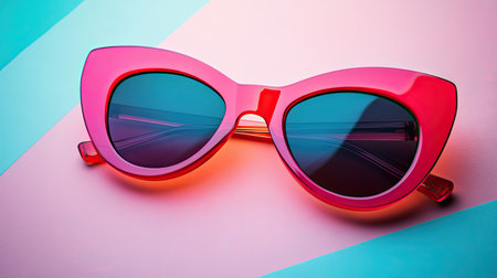 A pair of stylish pink cat-eye sunglasses resting on a colorful background, showcasing vibrant shades of blue and pink. Ideal for fashion and summer themes.の素材