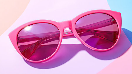 A pair of stylish pink cat-eye sunglasses rests on a colorful background, showcasing a trendy design perfect for summer days and vibrant fashion statements.の素材
