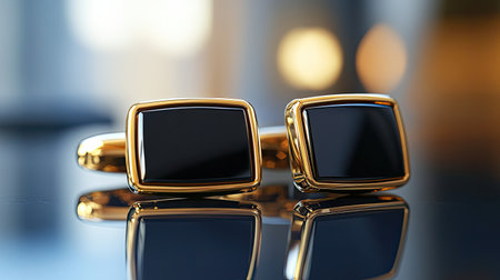 Discover these elegant gold cufflinks featuring striking black stones. Perfect for formal occasions, they add a touch of sophistication to any attire.の素材