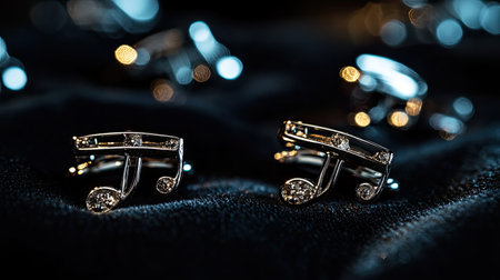 Discover the elegance of these silver cufflinks featuring intricate musical note designs and sparkling accents, perfect for elevating any formal outfit.の素材