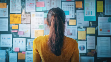 A young woman stands in front of a vibrant wall covered with notes, charts, and diagrams, immersed in creative thoughts and planning.の素材