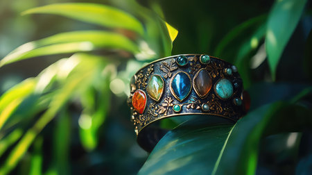 A stunning vintage bracelet adorned with vibrant gemstones rests against verdant leaves, perfectly illuminated by natural light, showcasing exquisite craftsmanship.の素材