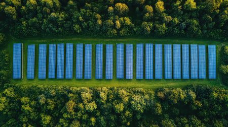 This aerial image showcases solar panels arranged in rows amidst vibrant green trees, highlighting the harmony between renewable energy and nature.の素材