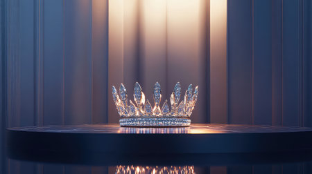 An elegant crown rests on a pedestal, illuminated by soft lighting that enhances its shimmering design. This stunning piece represents beauty and prestige.の素材