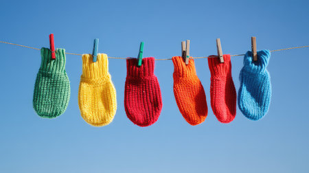 A delightful scene of colorful knitted mittens hanging from a clothesline under a vibrant blue sky. This image captures the essence of winter warmth, playfulness, and creativity in fashion. The mittens, in various bright colors, evoke nostalgia and joy, perfect for showcasing handmade accessories.の素材