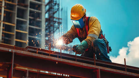 A dedicated construction worker skillfully welds steel beams at a vibrant construction site. Sparks fly in the air under a bright blue sky, showcasing industry passion.の素材