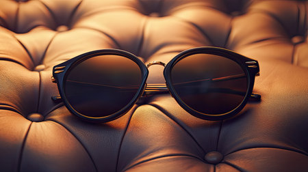 This stunning image features elegant sunglasses resting on a luxurious brown leather surface, highlighting the stylish design and rich color tones. Perfect for fashion-focused themes.の素材