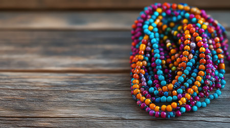 A close-up view of vibrant and colorful beads forming a unique necklace, resting on a rustic wooden table, perfect for creative design projects.の素材