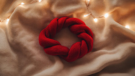 A cozy red knit wreath rests on soft beige fabric, beautifully highlighted by warm lights, creating a serene and inviting atmosphere perfect for seasonal decor.の素材