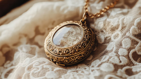 A beautiful vintage golden locket featuring an intricate design and a miniature portrait, elegantly placed on a delicate lace background, perfect for nostalgia.の素材