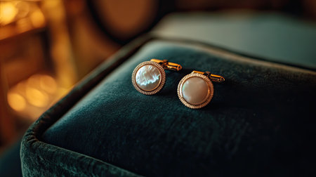 Close-up view of elegant gold cufflinks featuring pearl accents, resting on a sumptuous velvet surface, perfect for conveying luxury and sophistication in fashion.の素材