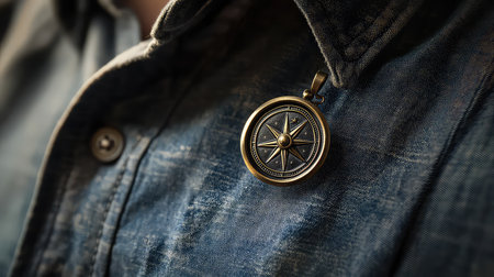 A close-up image of a vintage compass pendant displayed on a denim shirt, evoking themes of adventure and exploration with a rustic charm.の素材