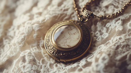 A beautiful vintage locket necklace rests on soft lace fabric, showcasing intricate designs. This elegant piece embodies classic charm and artistic craftsmanship.の素材