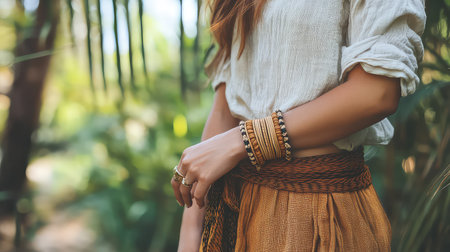A stylish woman stands gracefully in a lush outdoor setting, showcasing trendy bohemian accessories and earthy clothing. Her relaxed vibe embodies natural beauty.の素材