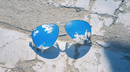 A pair of stylish sunglasses with blue reflective lenses sits on a textured concrete surface, capturing the serene beauty of a clear sky with clouds. Ideal for fashion and lifestyle themes.の素材