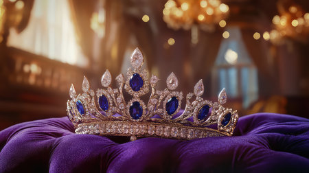 This stunning image showcases an elegant crown resting on a plush velvet cushion. The opulent interior with soft glowing lights enhances the luxurious feel.の素材