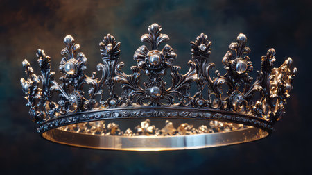 This image features an elegant vintage crown adorned with intricate floral designs and sparkling gemstones, set against a beautifully dark background.の素材